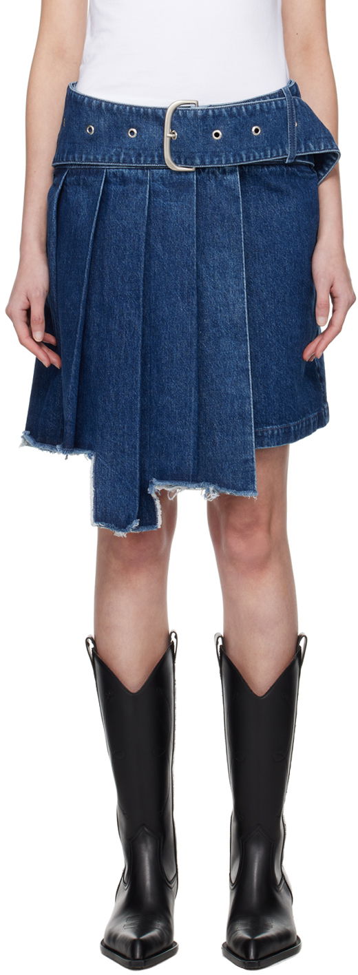 Hame Off-White Blue Pleated Denim Miniskirt Tummansininen | OWYF030S24DEN0014646