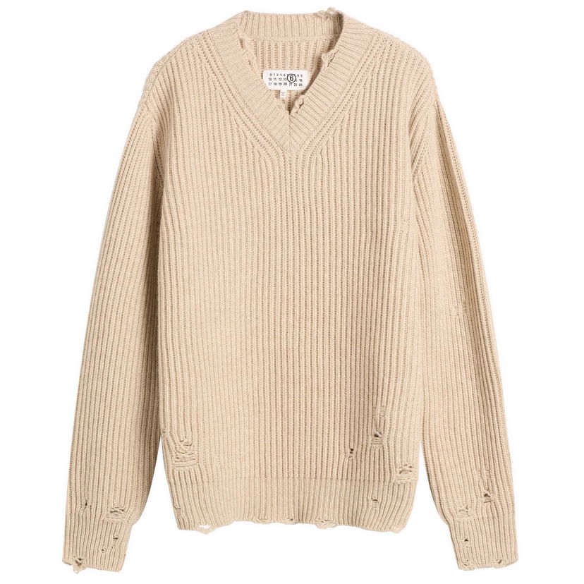 Villapaita Maison Margiela MM6 Maison Margiela Distressed Knit Sweater, Size Large Beige | S52HN0011-M13138-806M