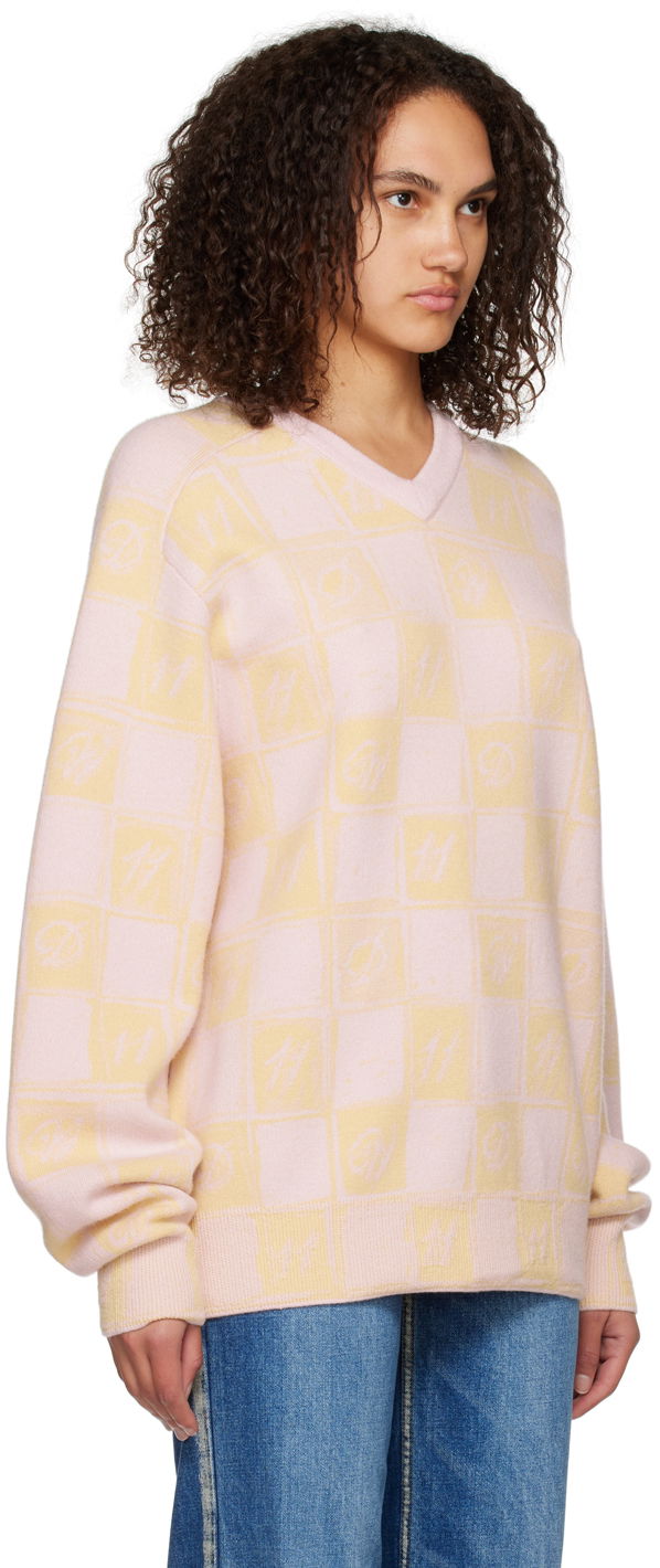 Villapaita We11done We11done Checkerboard V-Neck Sweater Vaaleanpunainen | WD-KT3-22-639-U-YE, 1