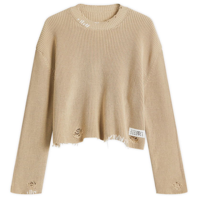 Villapaita Maison Margiela MM6 Maison Margiela Women's Distressed Knit Crewneck Sweater, Size Large Beige | S52HL0036M13089119