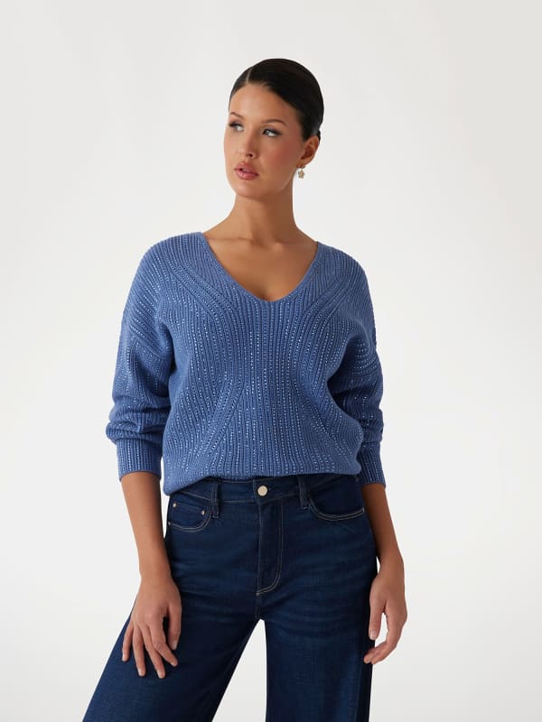 Villapaita GUESS V-Neck Sweater with Rhinestone Details Sininen | W5RR03Z3K70
