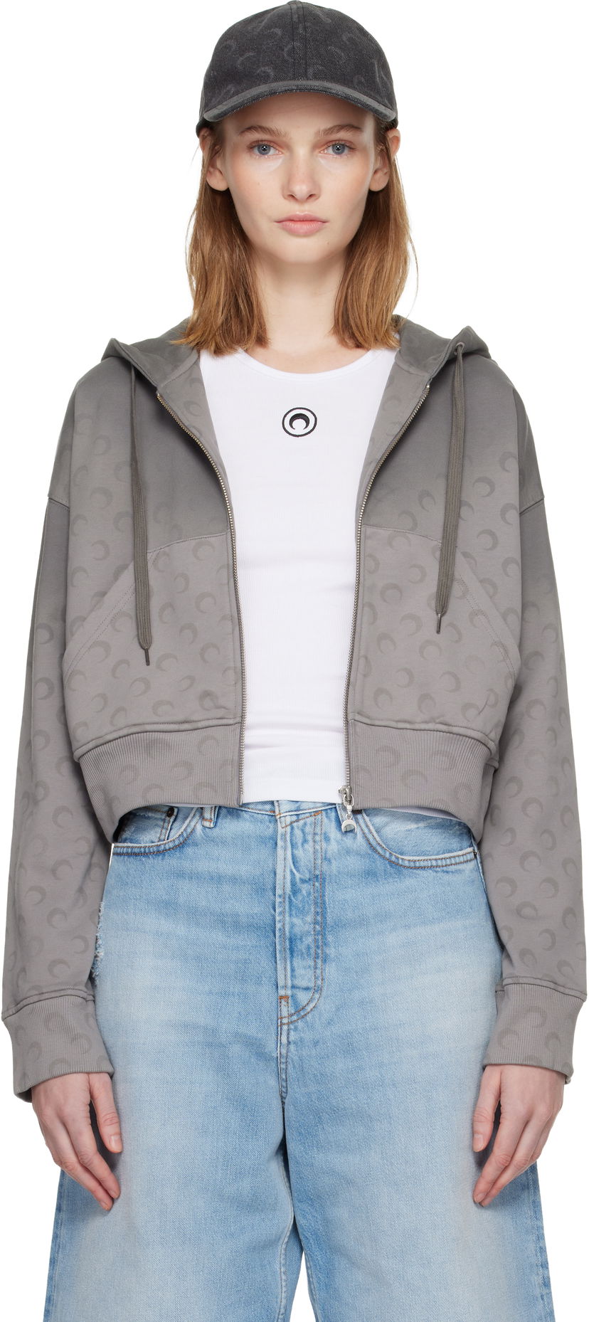 Huppari Marine Serre Marine Serre Faded Moon Fleece Cropped Zipped Hoodie Harmaa | WST019ACJER0073