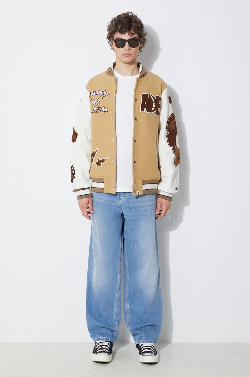 Bomber-takki BAPE Multi Motif Varsity Bomber Jacket Beige | 1J80141001, 1