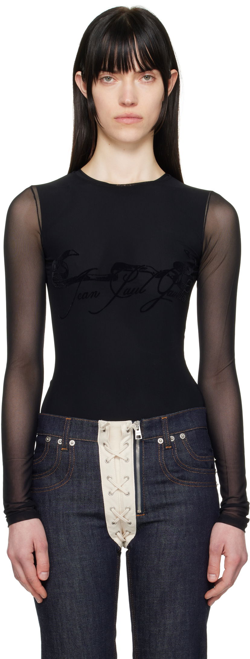 Body Jean Paul Gaultier Jean Paul Gaultier Flocked Tattoo Ruban Mesh Long Sleeve T-Shirt Musta | 25/34-F-TO281I-T005-00