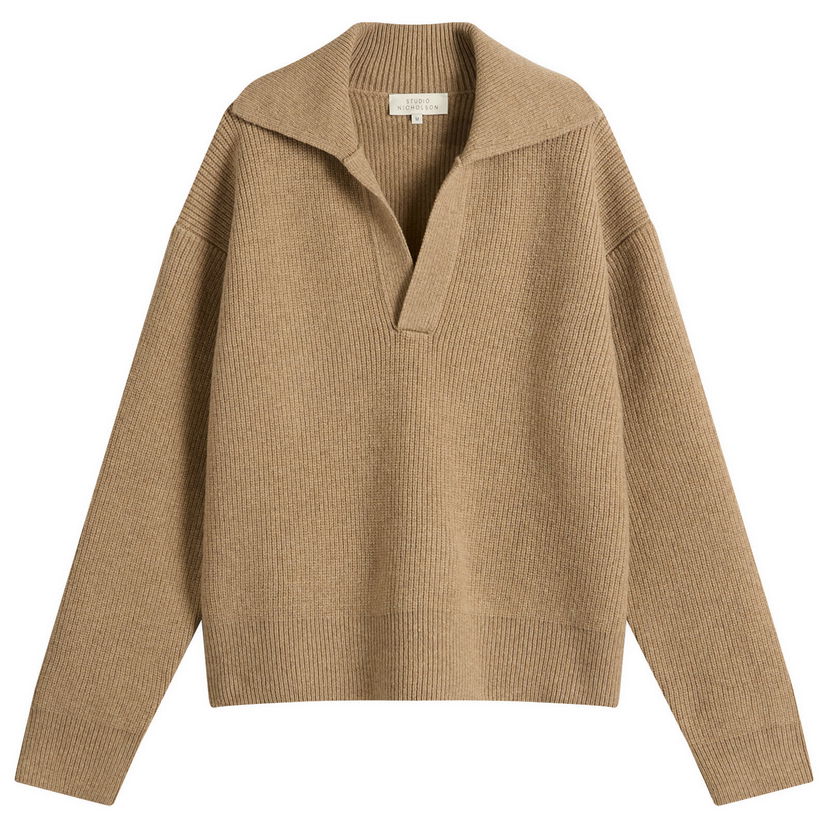 Villapaita Studio Nicholson Studio Nicholson Rib Polo Collar Jumper, Size Large Beige | NASHSNM-1295-OAT