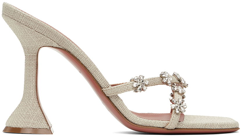 Asusteet Amina Muaddi Amina Muaddi Lily 95 Heeled Sandals Beige | LILY SLIPPER 95 CL CANVAS