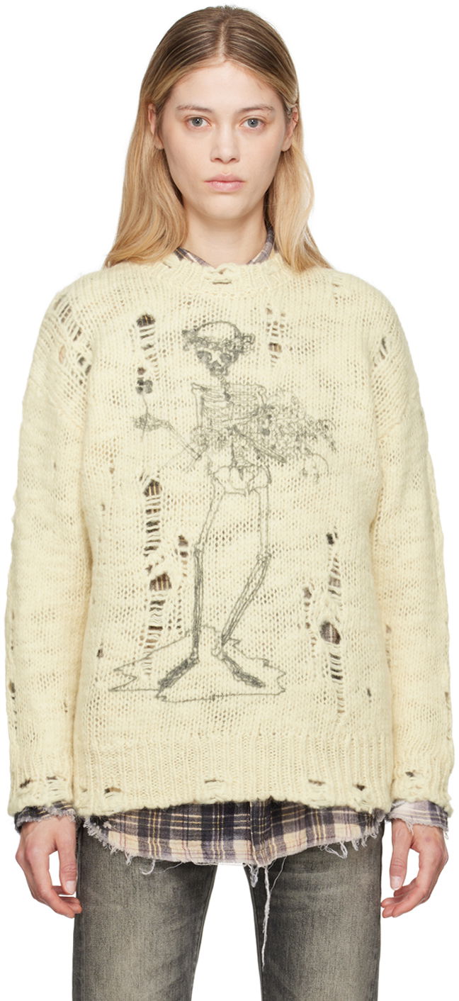 Villapaita R13 R13 Distressed Skeleton Graphic Sweater Beige | R13WY089-Y142B