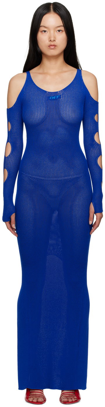 Mekko Off-White Blue Hole Net Maxi Dress Tummansininen | OWHI087S23KNI0014540