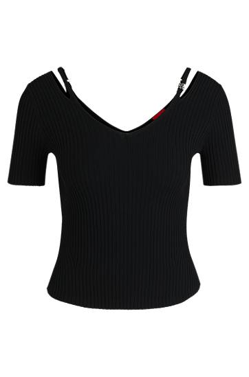 Villapaita BOSS Ribbed Knit Top with Cutout Shoulders Musta | 50538223