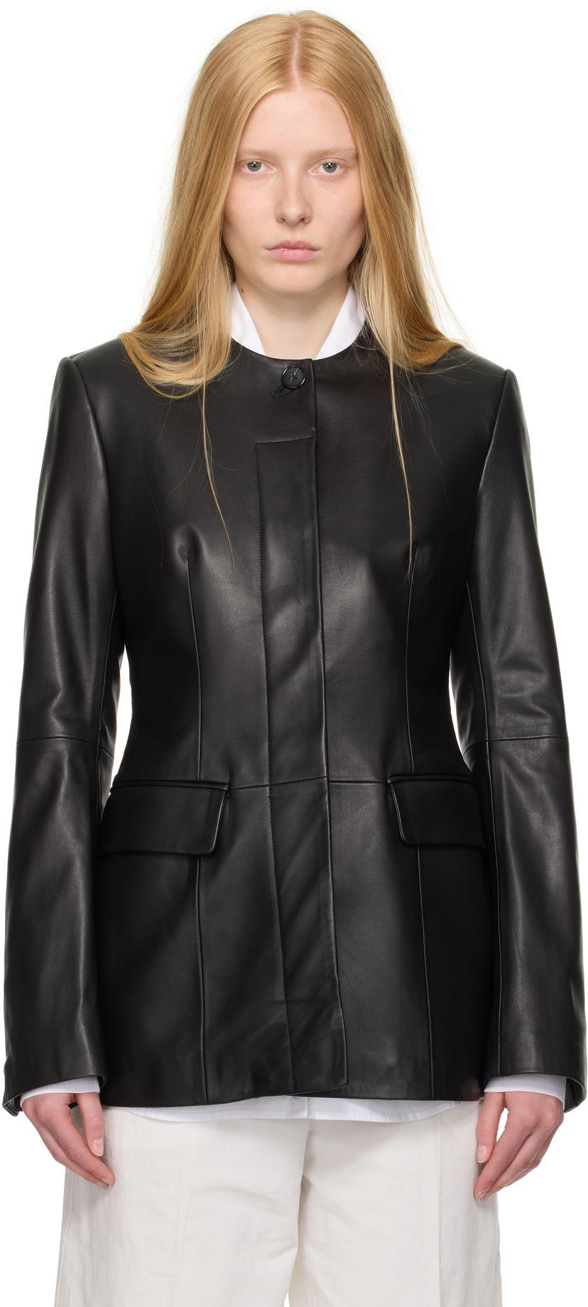 Takki TOTEME TOTEME Collarless Leather Jacket Musta | 252-WRO0192-LE0127