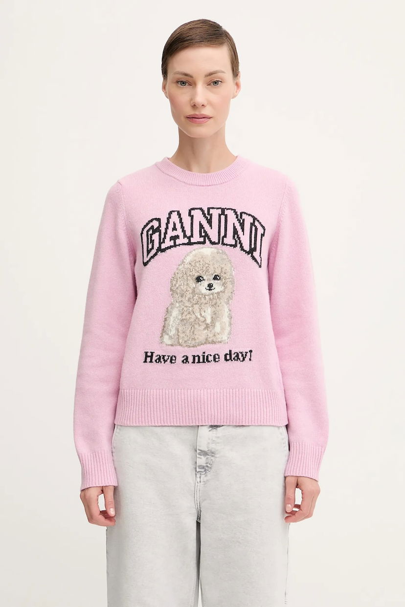 Villapaita GANNI GANNI Graphic Wool Mix Poodle Sweater Vaaleanpunainen | K2499