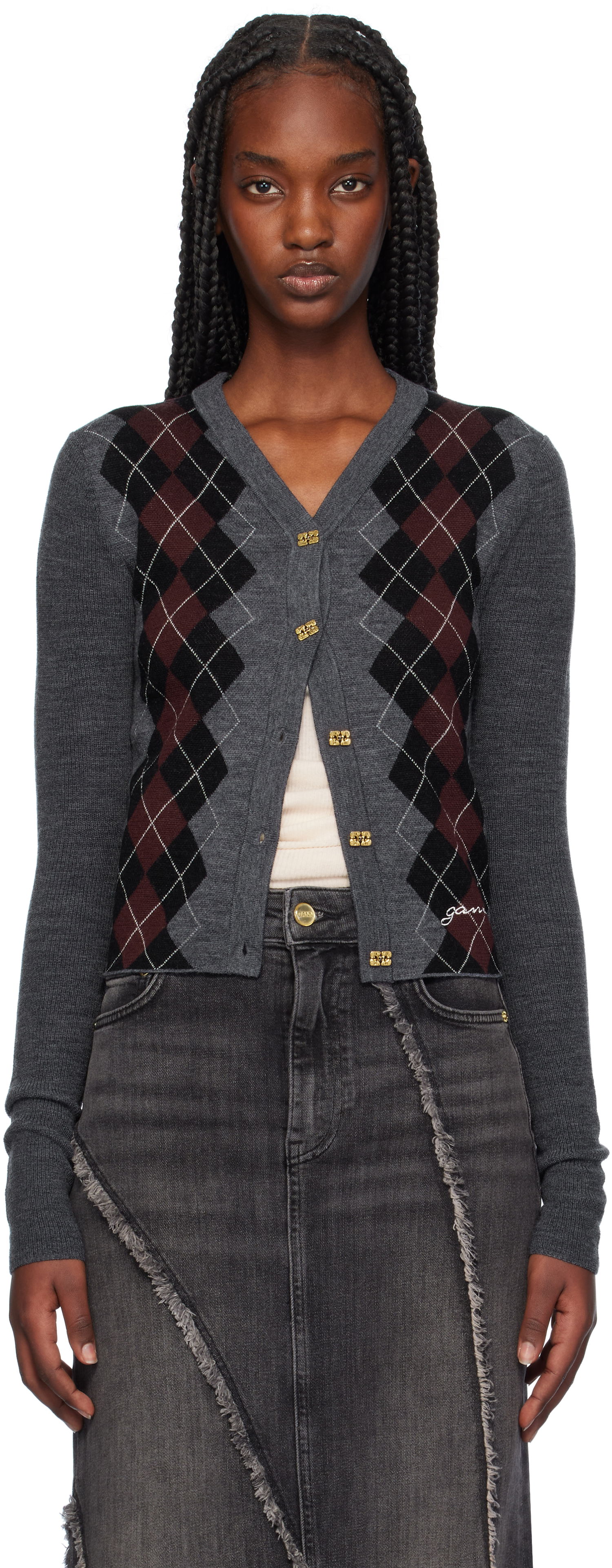 Villapaita GANNI Argyle Jacquard Knit Cardigan Harmaa | K2284, 0