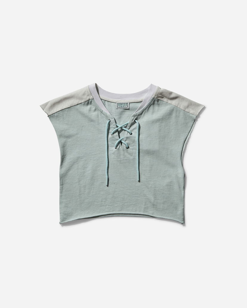 Crop top GUESS Piqué Mesh Lace-Up Crop Top Vihreä | W5GP02KCPJ0 F8S6