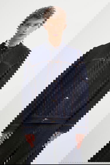 Takki ADER ERROR Transitional Mandarin Collar Denim Jacket with Contrast Stitching Tummansininen | BO01FWJK0105BL, 0
