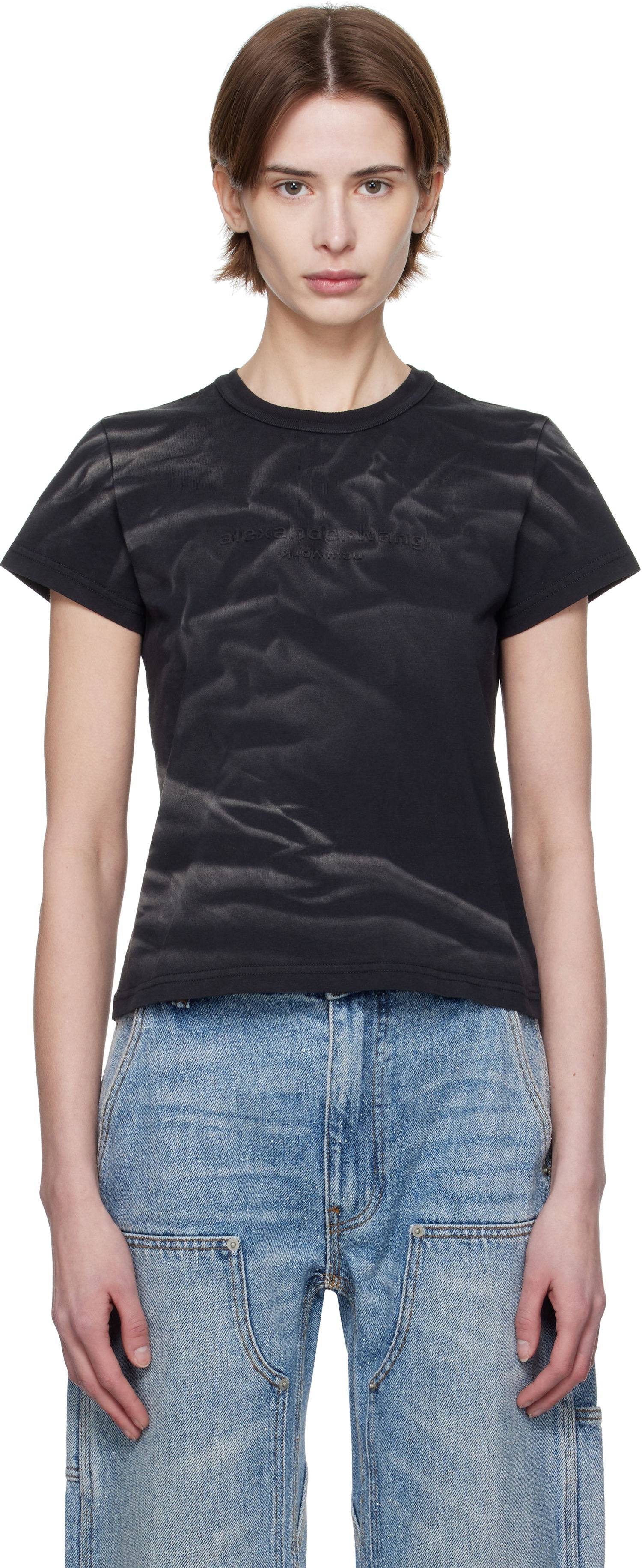 T-paita Alexander Wang Alexander Wang Distressed Logo Shrunken T-Shirt Musta | 1CC1251990, 0