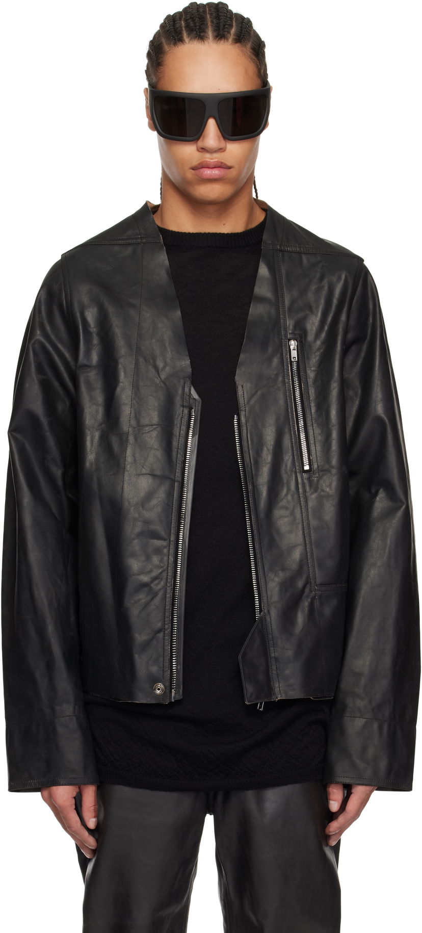 Takki Rick Owens Rick Owens Hollywood V Safety Leather Jacket Musta | RU01E5775 LTP