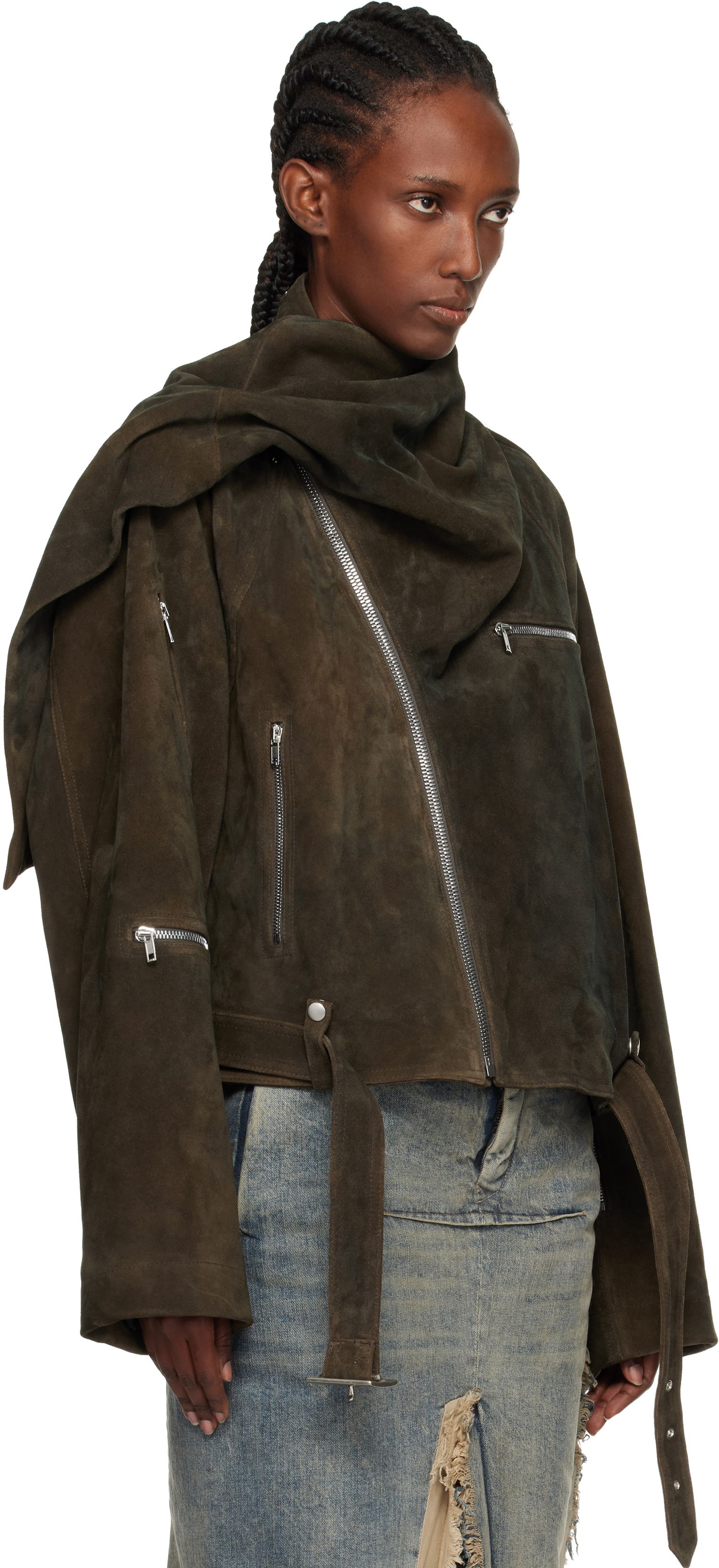 Takki Rick Owens Concordians Cropped Scarf Flight Suede Jacket Ruskea | RO02E4793 LCSI, 1