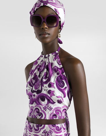 Tankkitoppi Dolce & Gabbana Dolce & Gabbana Majolica-Print Charmeuse Halter Tie Top Violetti | F7BA8THPAE2H15DQ, 3