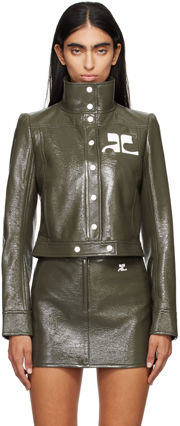 Bomber-takki Courrèges Courrèges Reedition Cropped Faux-Leather Jacket Vihreä | 223CBL005VY0014