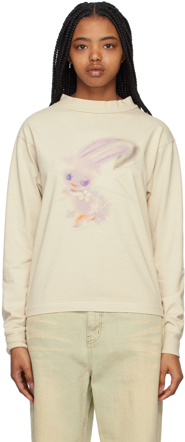 Villapaita We11done We11done Crewneck Long Sleeve T-Shirt with Bunny Print Beige | WD-TT1-23-792-U-IV