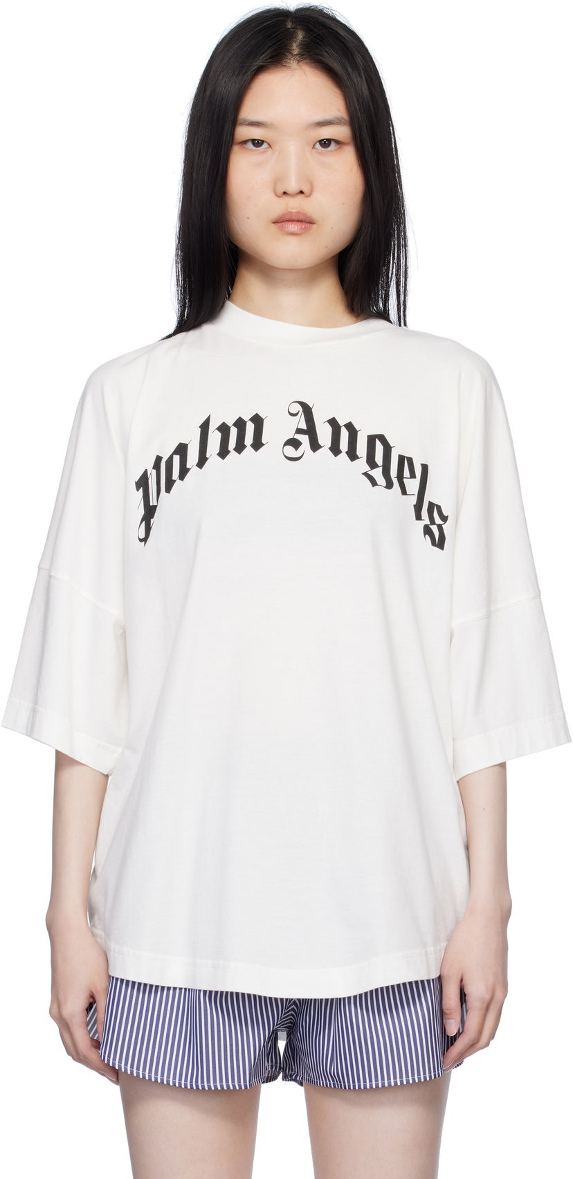 T-paita Palm Angels Curved Logo Loose T-Shirt Valkoinen | PWAA023S25JER0010310