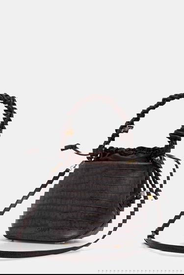 Käsilaukku GANNI Bou Braided Handle Crocodile-Embossed Drawstring Bucket Bag Ruskea | A6697, 2