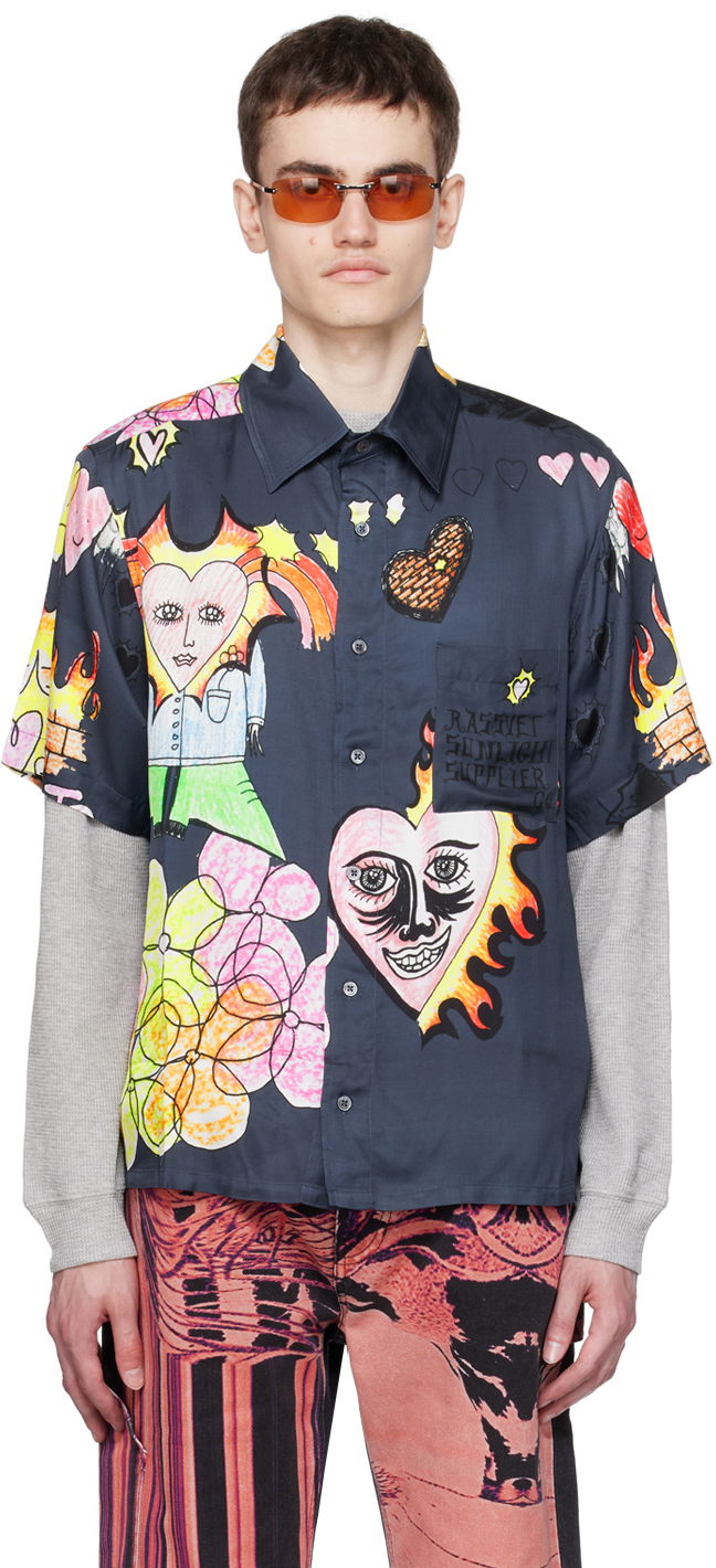 Paita PACCBET Drawings Short Sleeve Button Up Shirt Tummansininen | PACC12B005