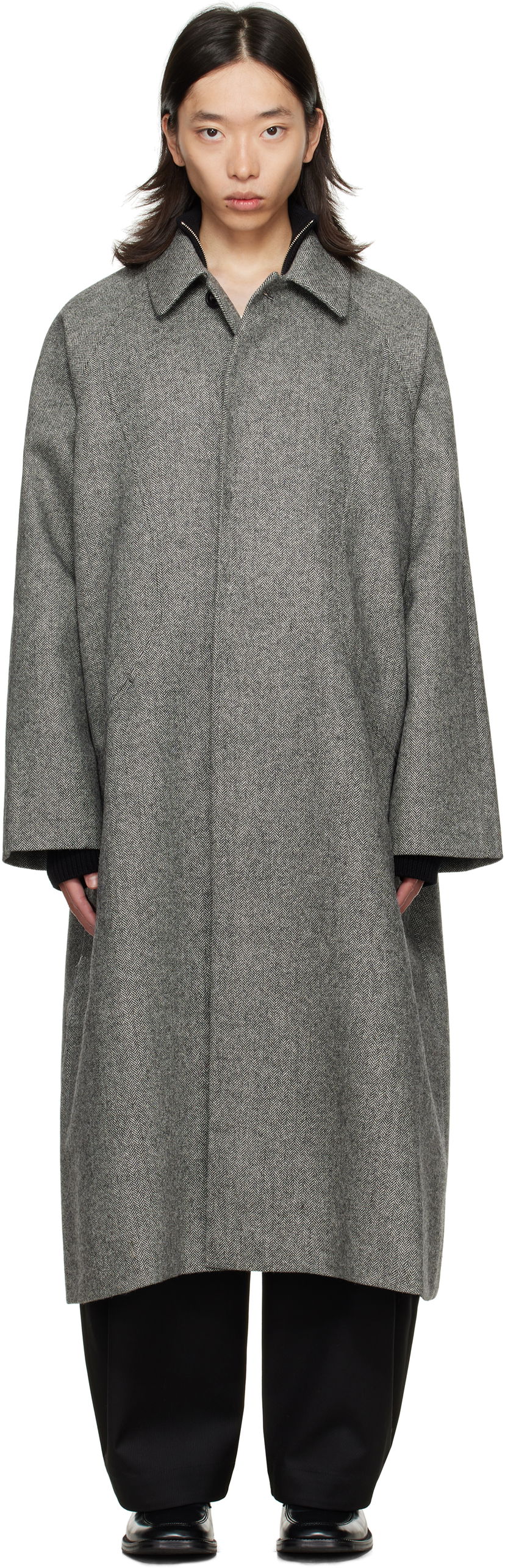 Takit sage NATION SAGE NATION Takeshi Herringbone Coat Harmaa | S028 TAKESHI COAT WOOL BLACK A
