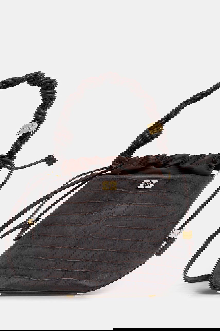 Käsilaukku GANNI Bou Braided Handle Crocodile-Embossed Drawstring Bucket Bag Ruskea | A6697, 0