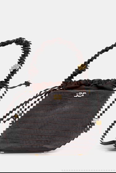 Käsilaukku GANNI Bou Braided Handle Crocodile-Embossed Drawstring Bucket Bag Ruskea | A6697, 0