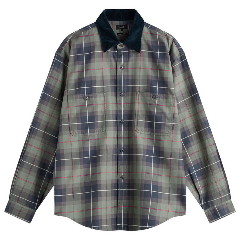 Paita BEAMS Corduroy Collar Check Work Shirt, Size Small Vihreä | 1111-1242-803-67
