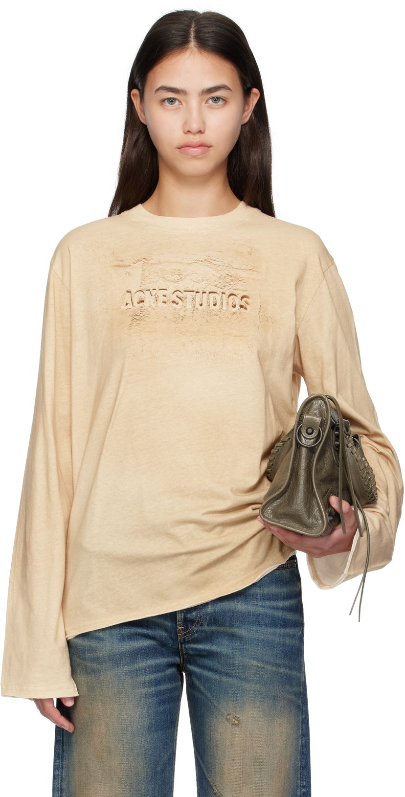 T-paita Acne Studios Acne Studios Long Sleeve Logo T-Shirt Beige | CL0361-