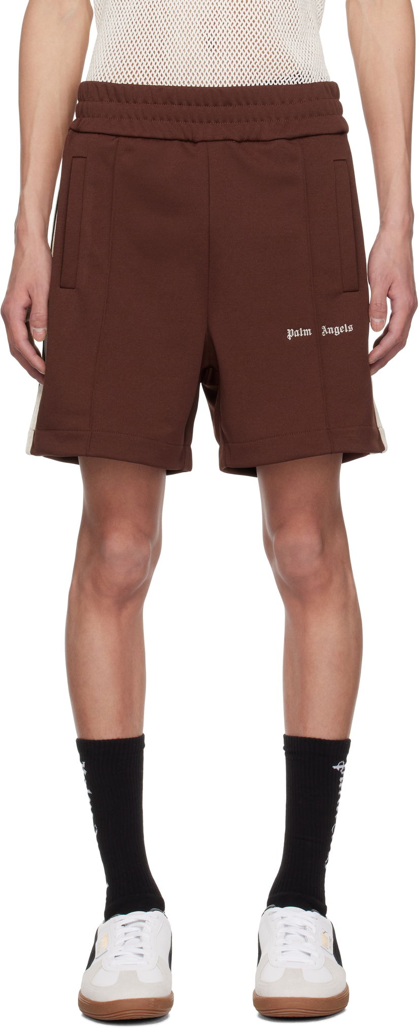 Shortsit Palm Angels Palm Angels Embroidered Logo Track Shorts Ruskea | PMCL004S25FAB0012803