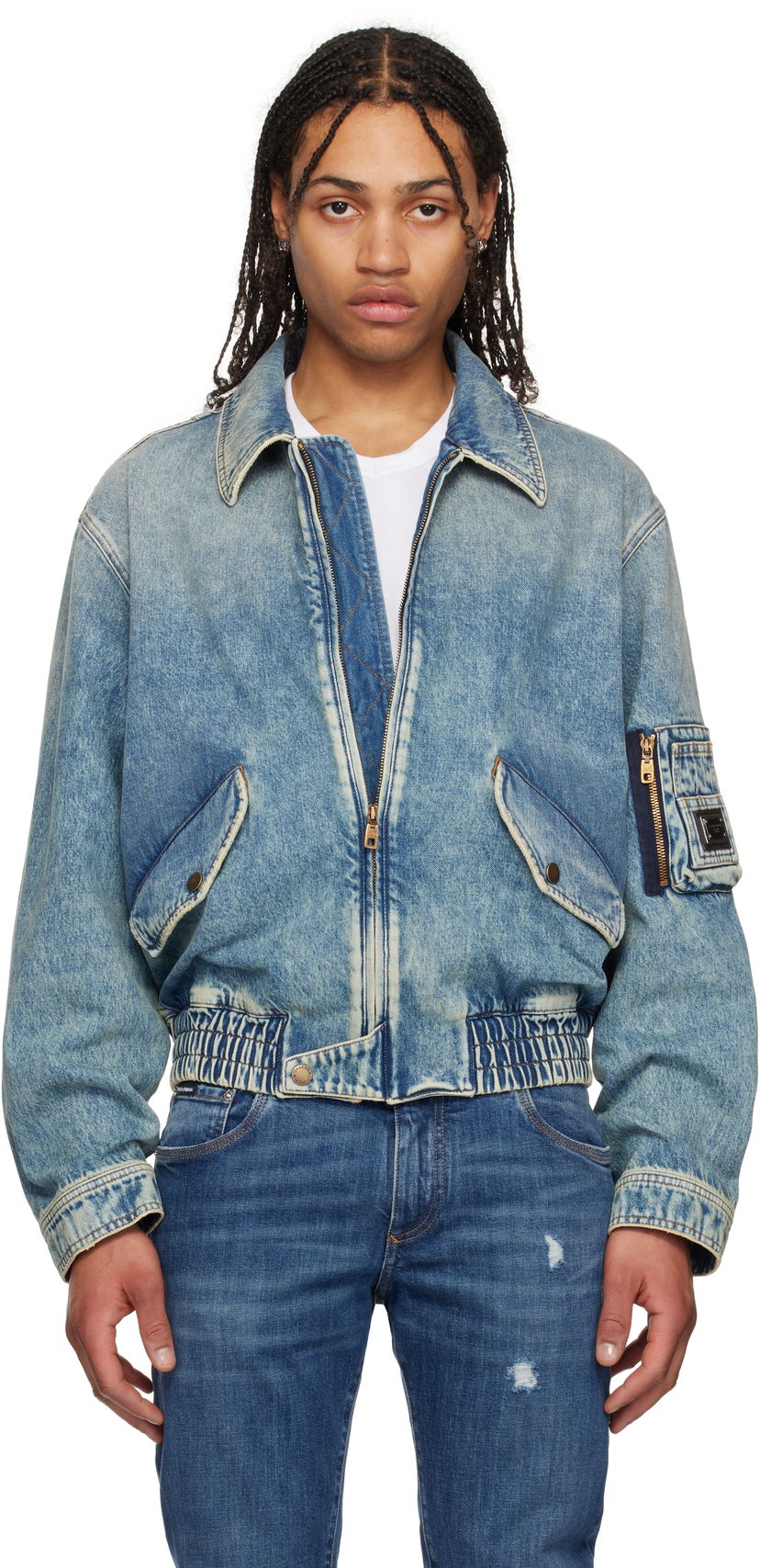 Bomber-takki Dolce & Gabbana Dolce&Gabbana Tag Denim Bomber Jacket Sininen | G9BKNDG8ME5