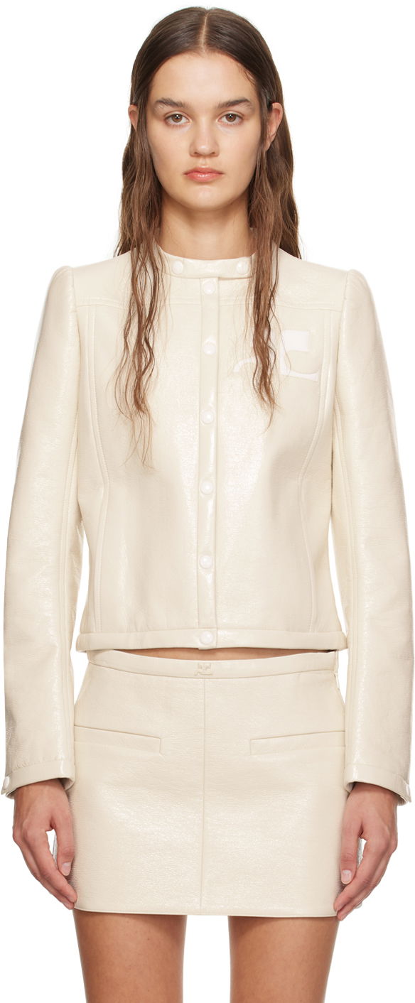 Takki Courrèges Iconic Cropped Faux Leather Jacket Beige | 423CBL137VY0014