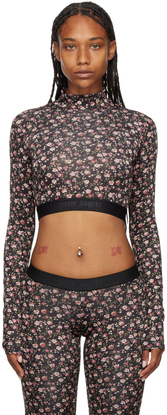 Crop top Palm Angels Floral Print Long Sleeve Crop Top Musta | PWAD040F22FAB0031030