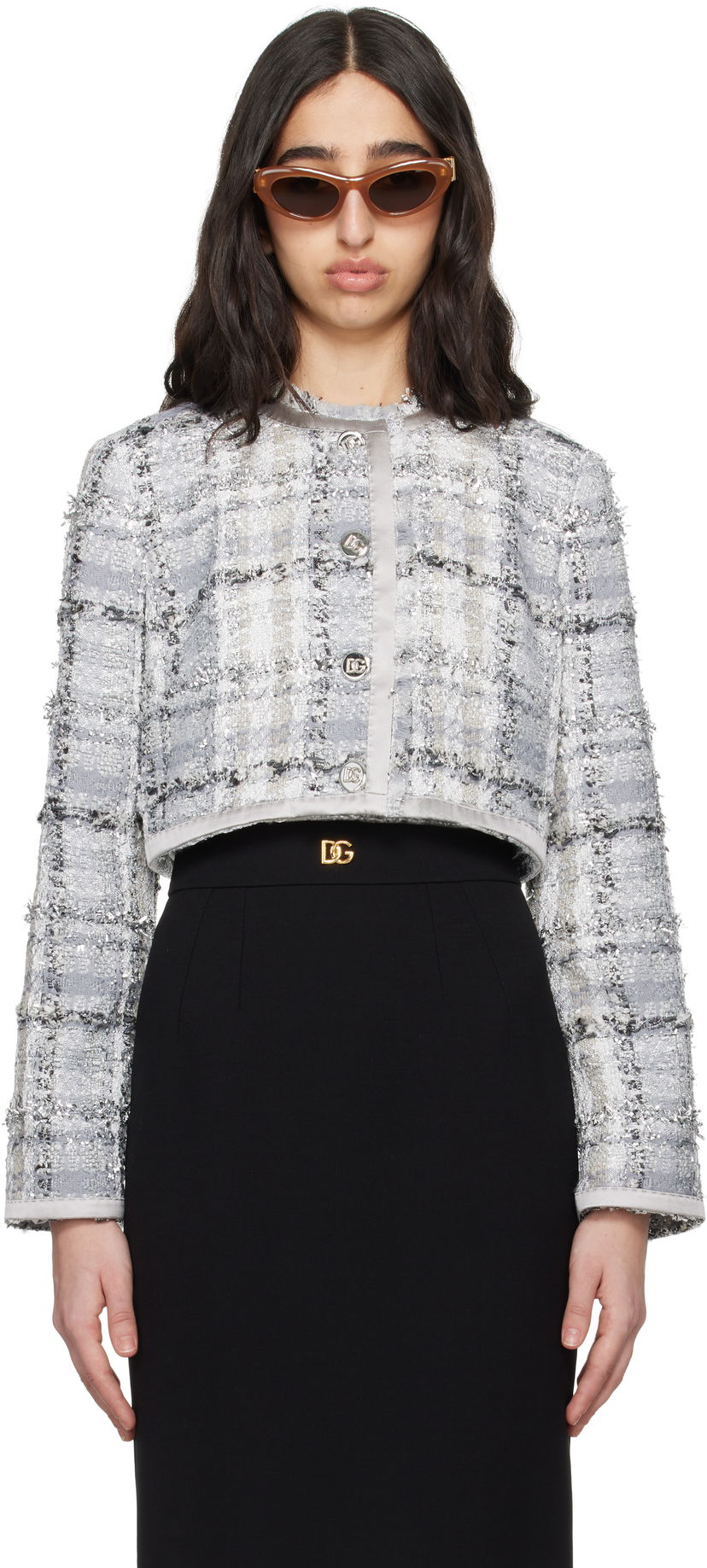 Takki Dolce & Gabbana Dolce&Gabbana Short Check Lurex Raschel Tweed Jacket Harmaa | F27DQT FQZAE