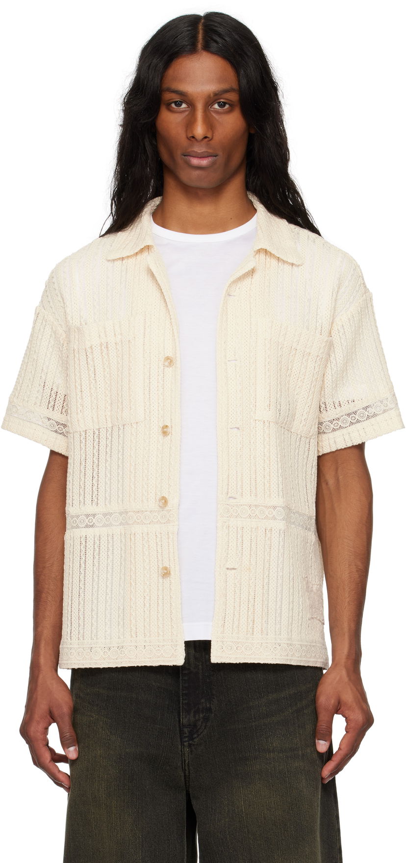 Paita Andersson Bell Andersson Bell Jacquard Stripe Short Sleeve Shirt Beige | atb1279m