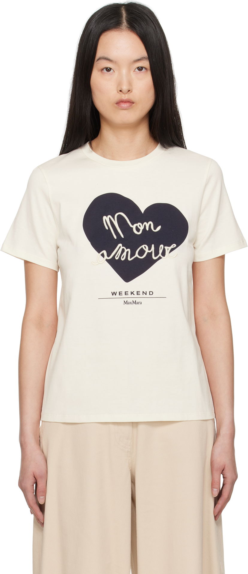 T-paita Max Mara Weekend Max Mara Vello T-Shirt with Heart Applique Beige | 2515971051600