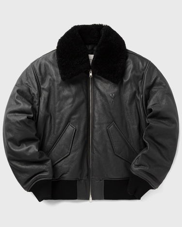 Bomber-takki AMI Leather Bomber Jacket with Shearling Collar Musta | HJK857.LH0044-020, 2