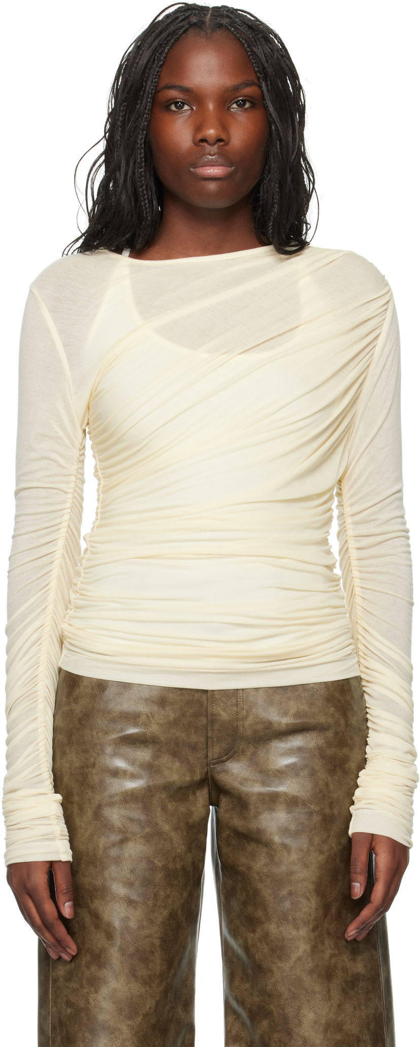 T-paita AGOLDE Twist Long Sleeve T-Shirt Beige | A7317-1618