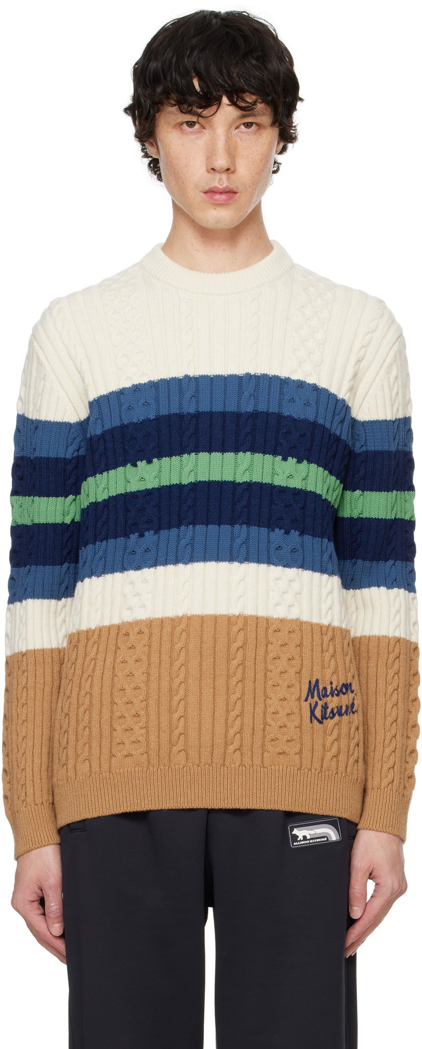 Villapaita MAISON KITSUNÉ Striped Cable Crewneck Sweater Monivärinen | NM00804KH0001