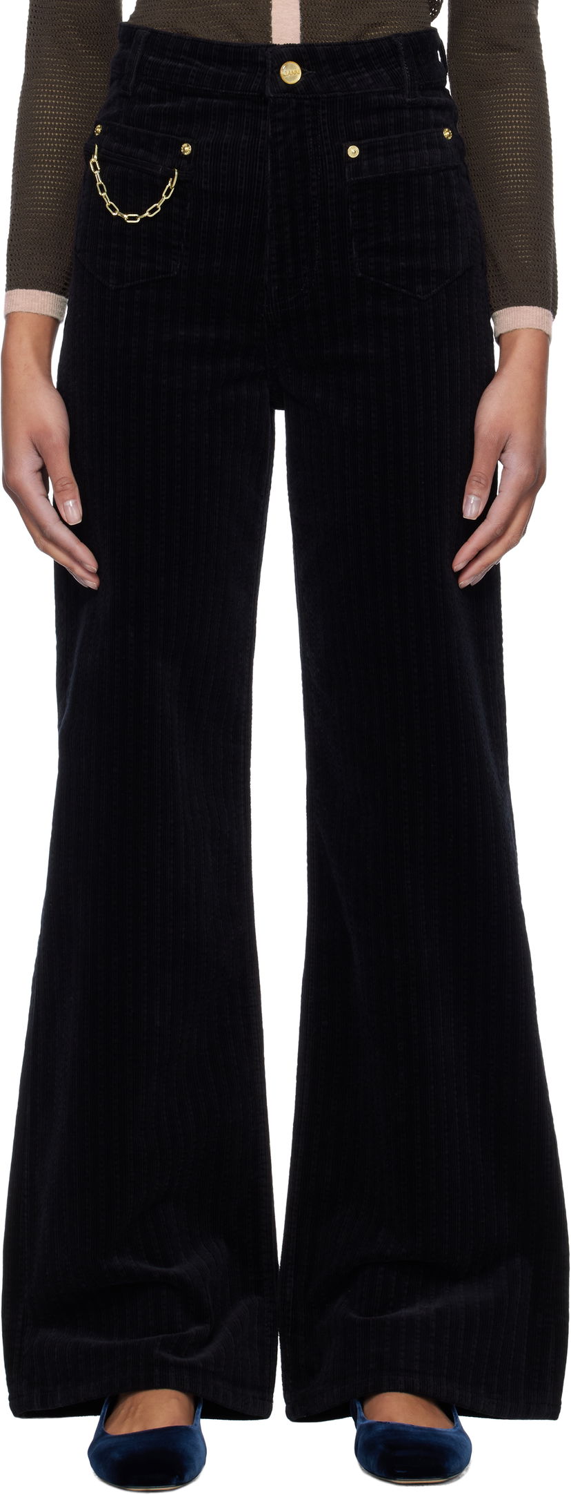Housut GANNI GANNI Magny Corduroy Flare Pants Musta | W0160