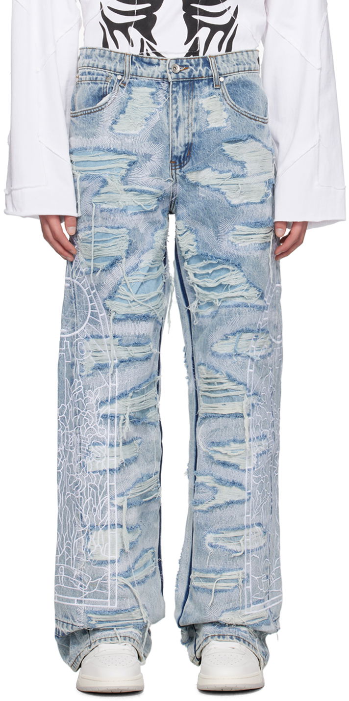 Jeans Who Decides War Distressed Embroidered Straight-Leg Jeans Sininen | 1120650008SS24