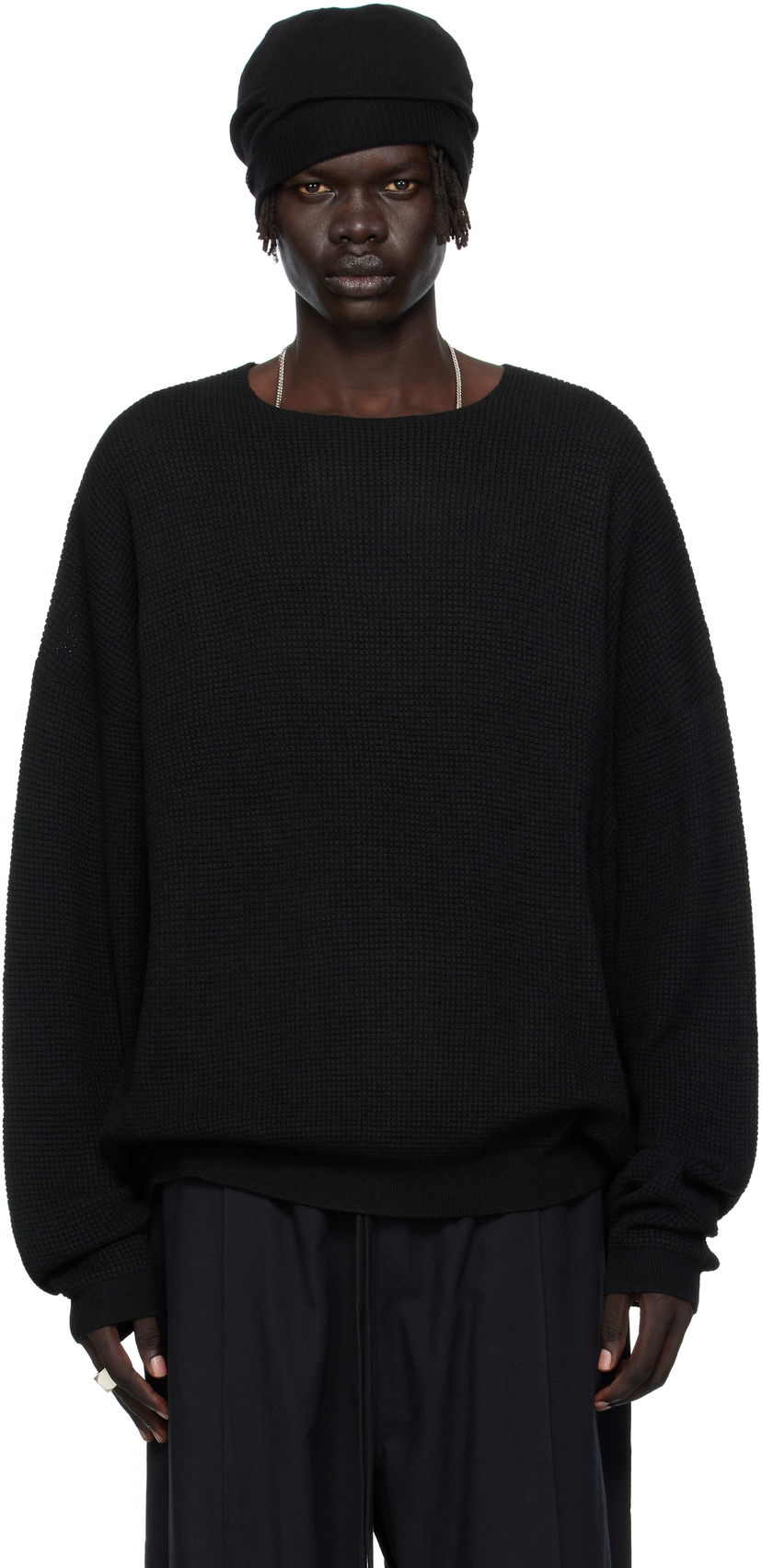 Villapaita Fear of God Fear of God ESSENTIALS Waffle Knit Long Sleeve Crewneck Sweatshirt Musta | 192SP256160F