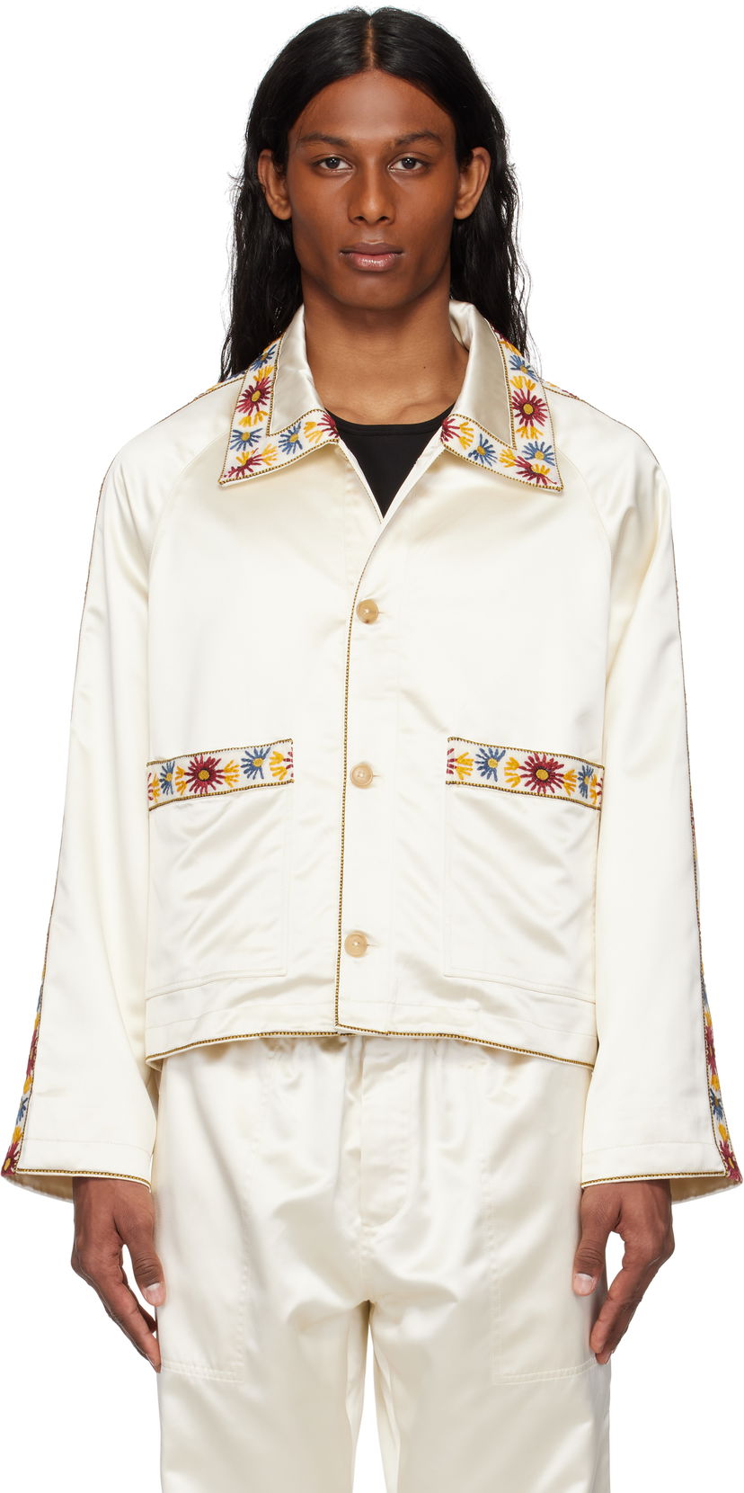 Bomber-takki Bode Bode Embroidered Satin Jacket Valkoinen | MRS25OW014