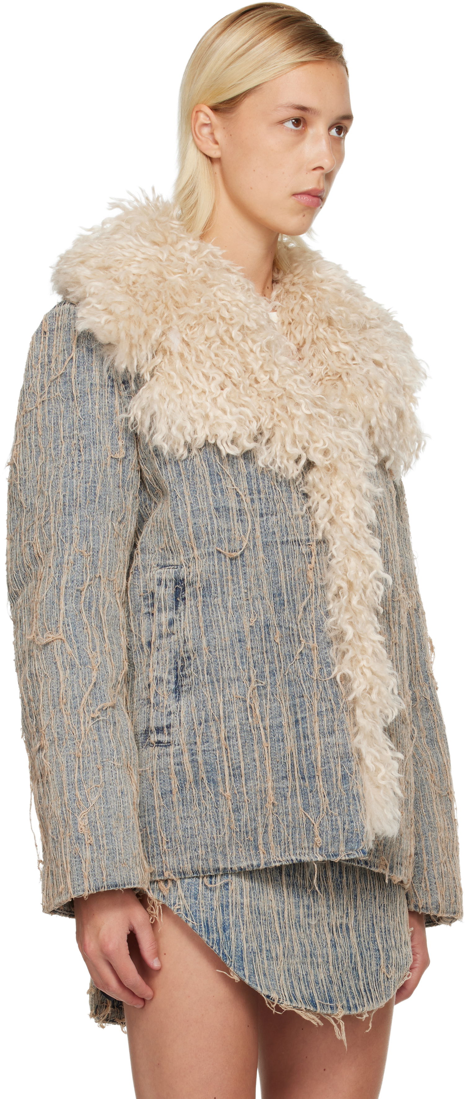 Takki Diesel De-Aconic-S Frayed Denim Jacket with Faux Fur Trim Sininen | A19045 0CMBZ, 1