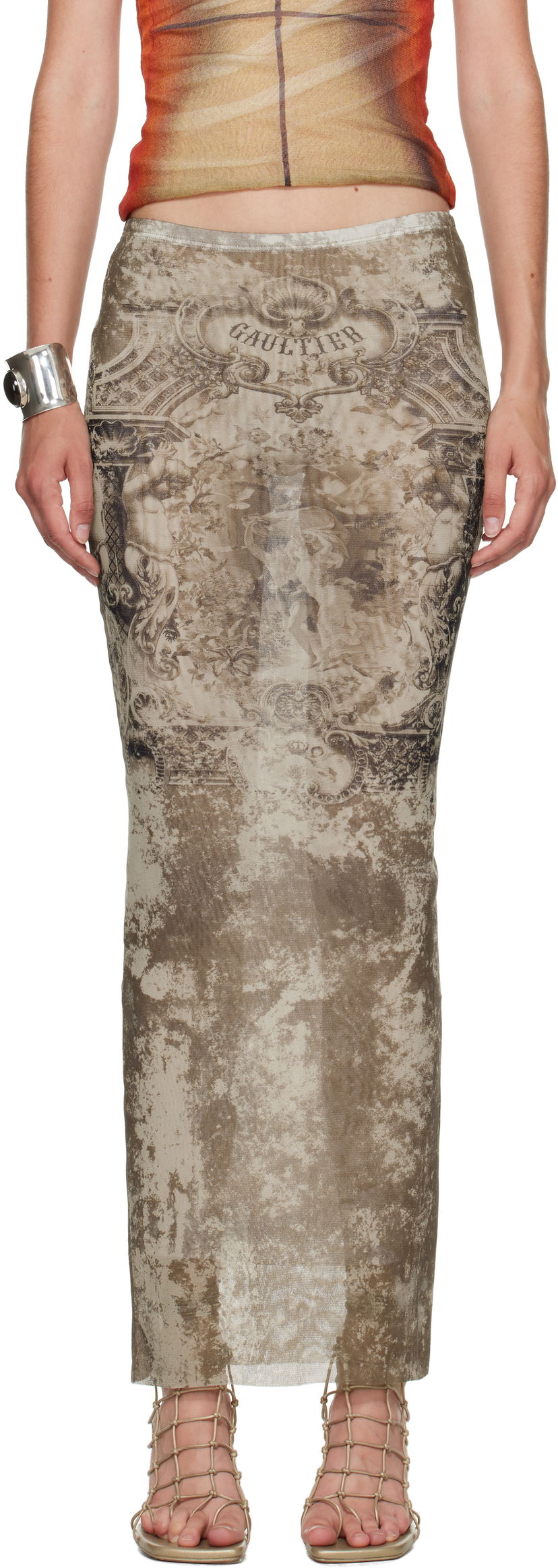 Hame Jean Paul Gaultier Jean Paul Gaultier Long Medailon Print Mesh Midi Skirt Beige | 25/03-W-SK005-M006P-6965