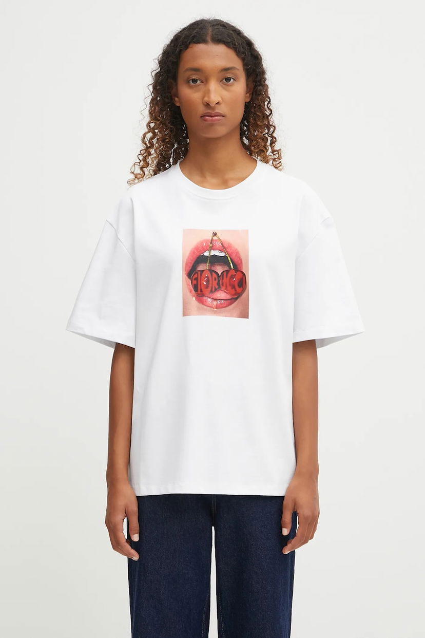 T-paita Fiorucci Fiorucci Cherry Mouth Print Boxy Fit T-Shirt Valkoinen | W02FPTSH103CJ01WH03