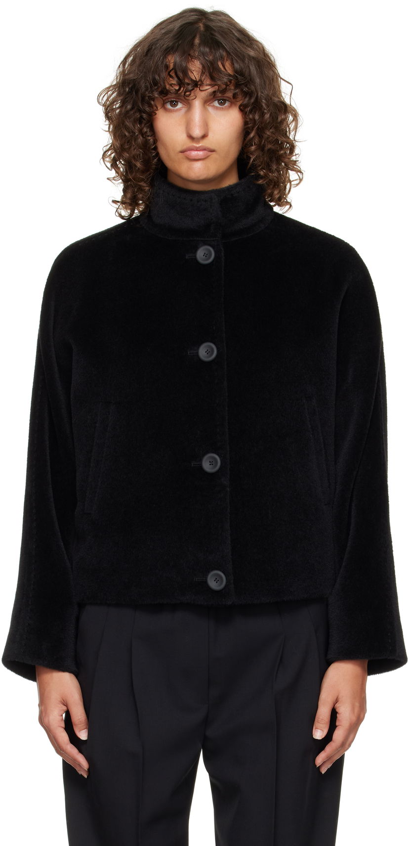 Takki Max Mara Caladio Cropped Textured High Neck Button-Up Jacket Musta | 2526086091600